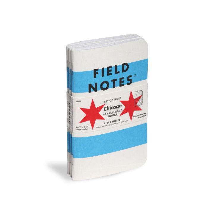 Field Notes notebook with Chicago-themed design on a white background