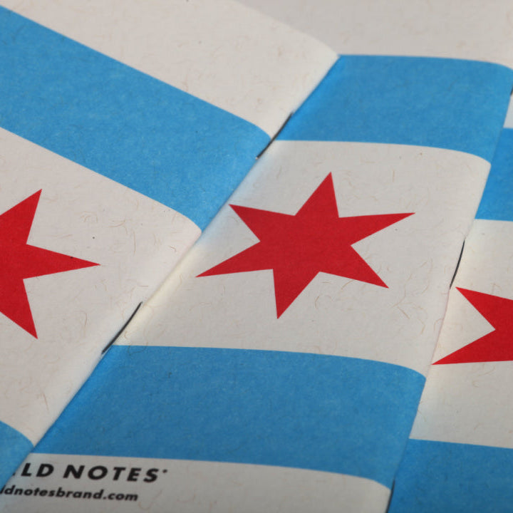 Close-up of a card with a Chicago flag design featuring red stars on a blue and white background.