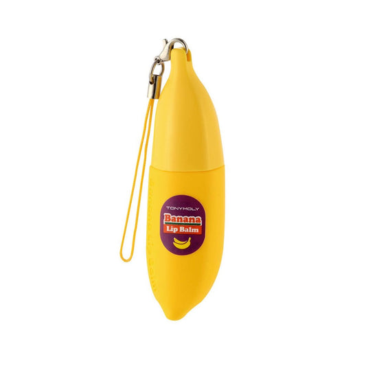 A yellow banana-shaped lip balm keychain with a cap and a string keychain attached at the top.