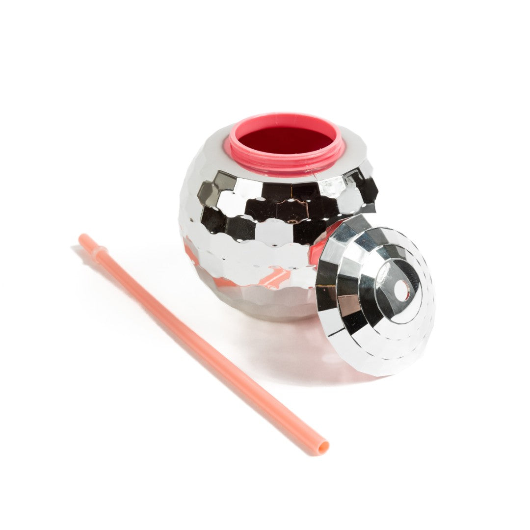 Silver Disco Ball Cup with Pink Straw
