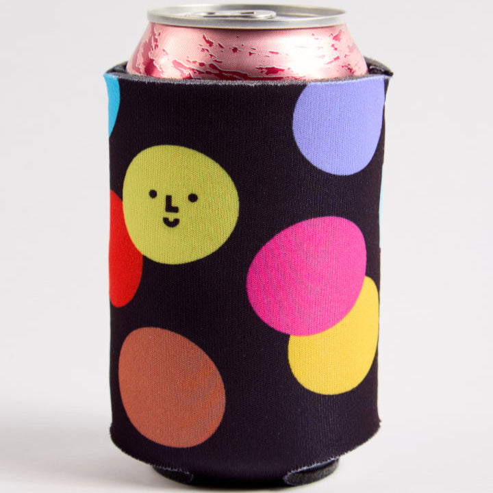 Can cooler with colorful polka dot design on a white background