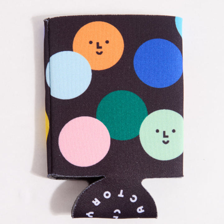 Coozie with colorful polka dot design on a white background