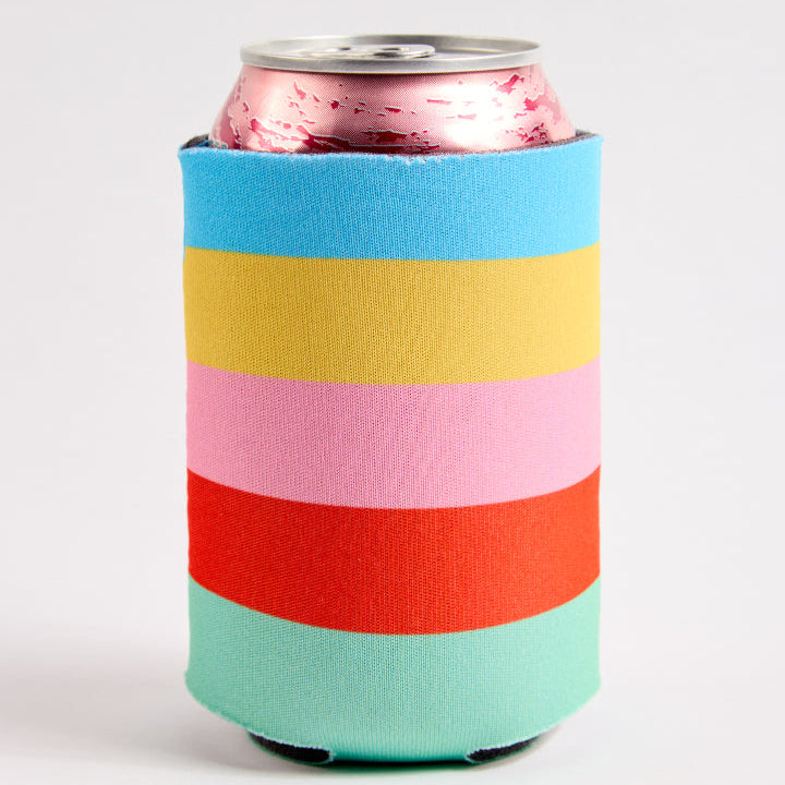 Colorful striped can cooler with a can on a white background