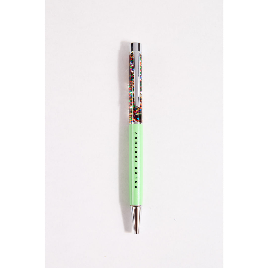Green confetti pen with 'Color Factory' branding on a white background