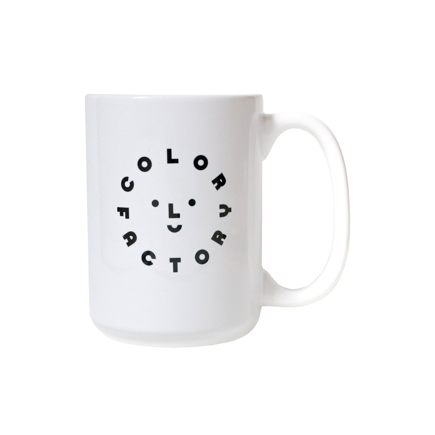 The back of Color Factory's large white mug. Has the Color Factory logo in black letters. On the opposite side, there is a graphic that spells "Love Wins" in bold, rainbow colors.
