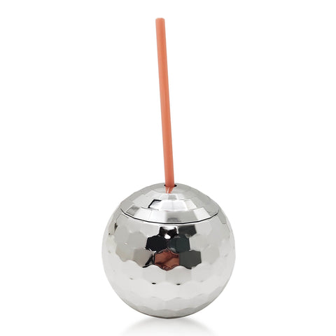 Silver Disco Ball Cup with Pink Straw