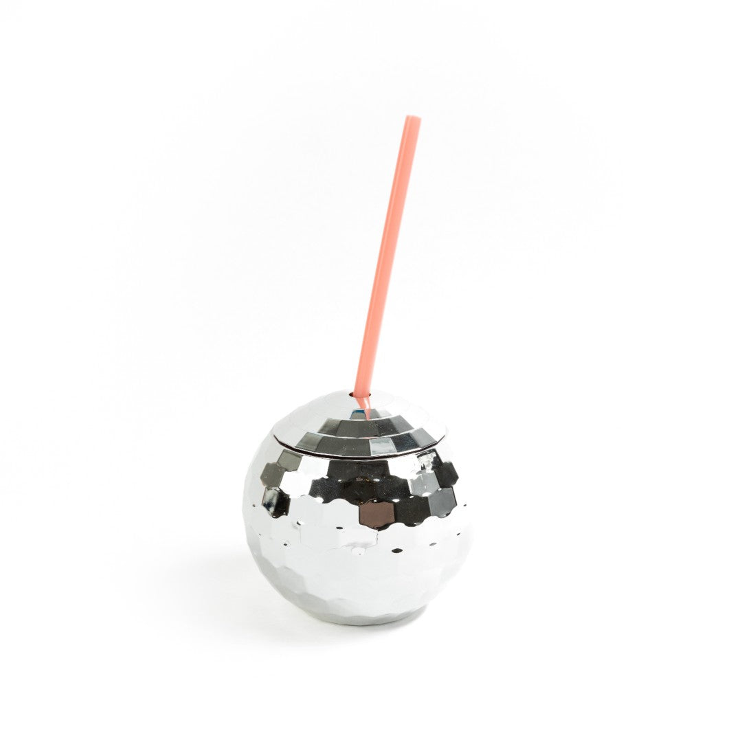Silver Disco Ball Cup with Pink Straw