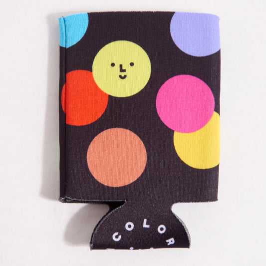 Multicolored polka dot can cooler on a white background