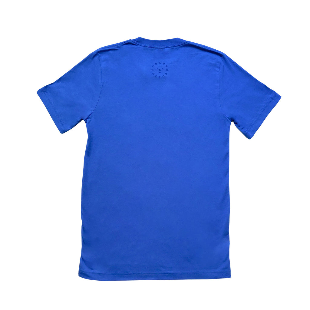 A bright blue, adult t-shirt with a list of "blue" items printed on the front (in dark blue ink). List includes happy items (like "ocean") as well as funny items (like mouthwash).