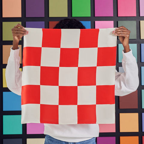 Red and White Checkered Silk Square Scarf