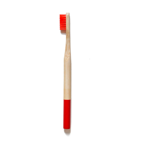 5 colorful bamboo toothbrushes. Comes in 5 colors: pink, green, red, blue, and yellow.