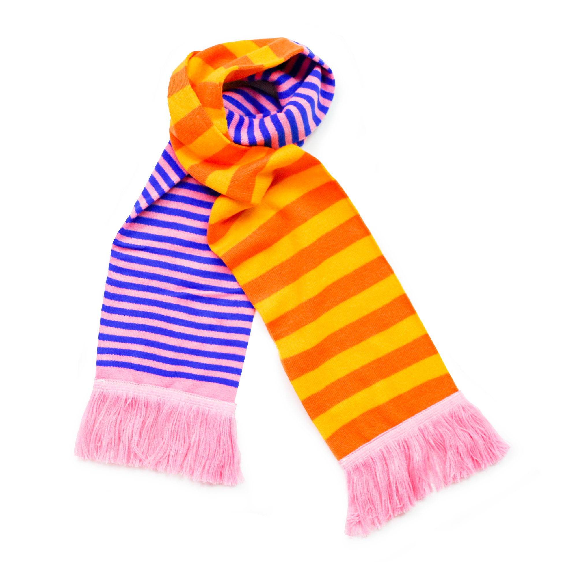 Striped, knitted scarf in bright colors. Features yellow, orange, pink and cobalt colors.