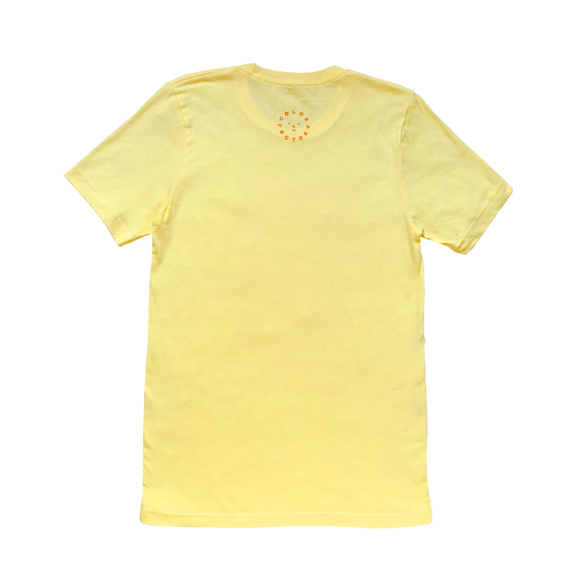 A light yellow t-shirt with a list of "yellow" items printed on the front (in orange ink). List includes happy items (like Sunshine) as well as funny items (like swiss cheese). The back has a simple Color Factory logo at the top. 